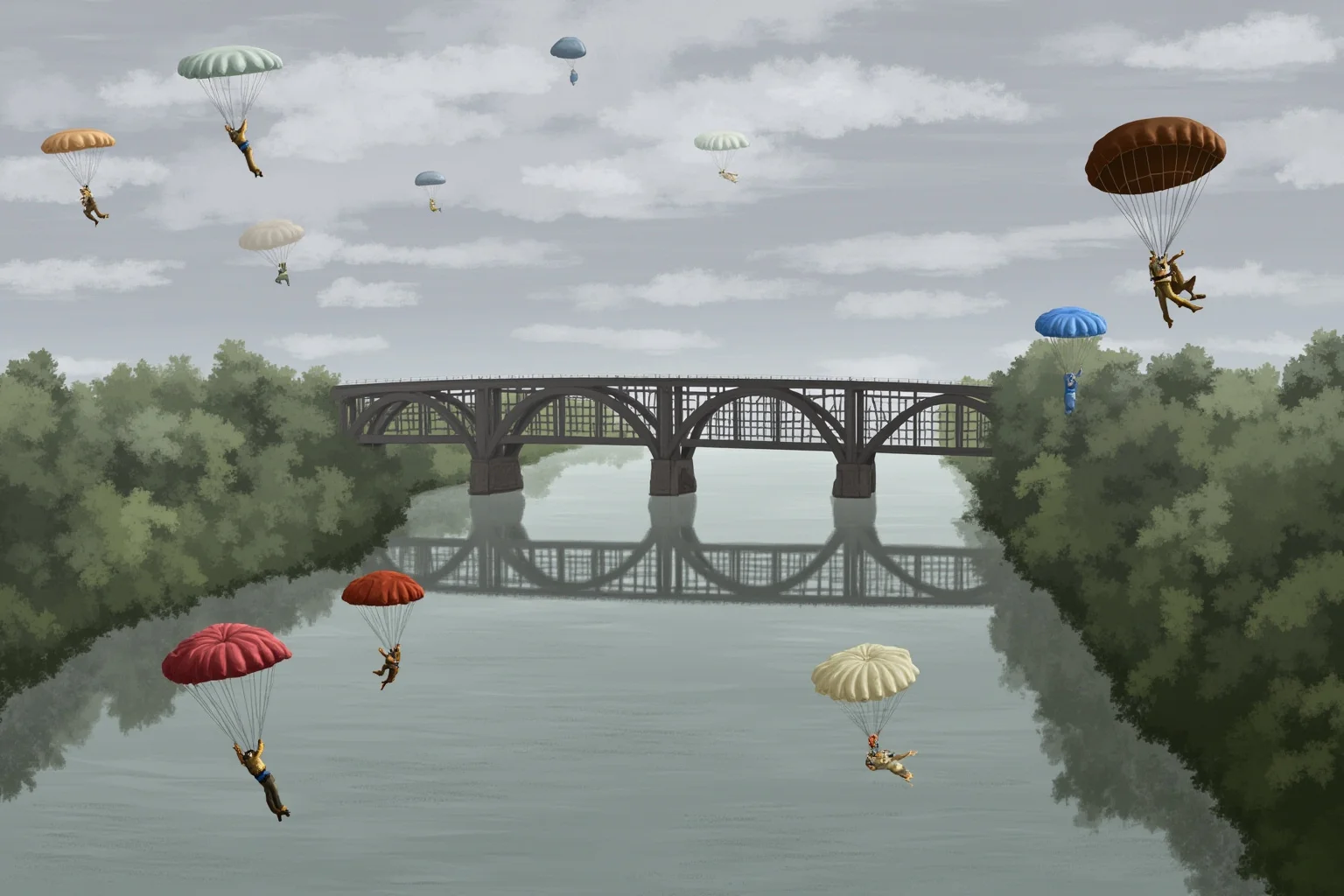 Illustration of paratroopers descending near a European river bridge under overcast skies