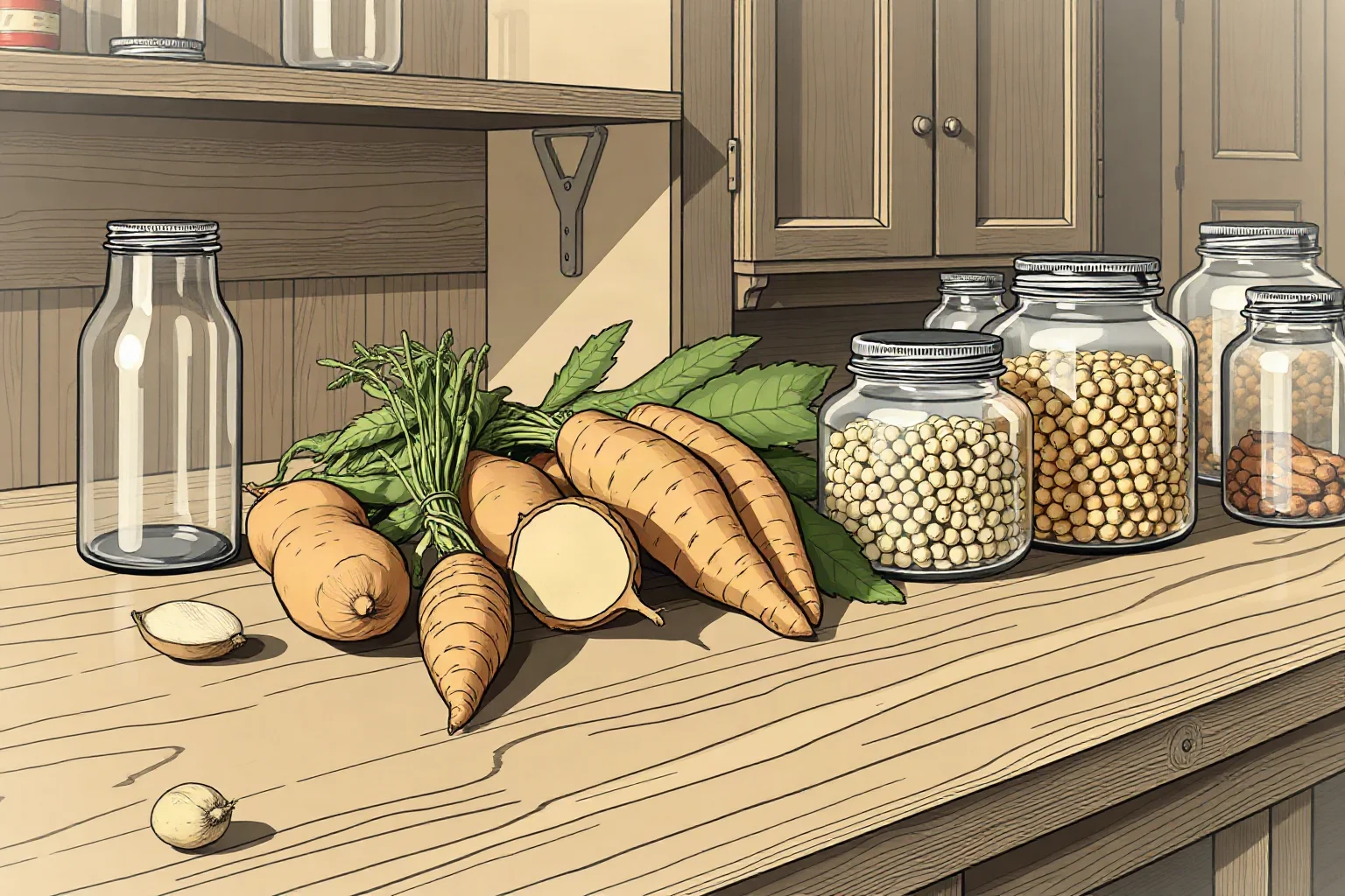 Illustration of peanuts, sweet potatoes, and soybeans arranged on a wooden lab table with old glass jars, early 1900s agricultural lab