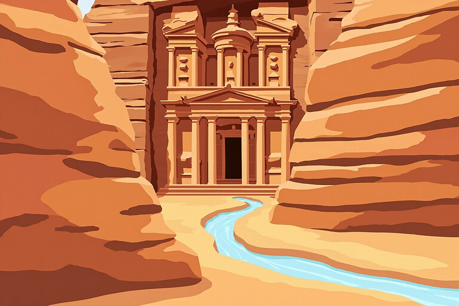Illustration of Petra's carved sandstone facade with ancient water channels running through a desert canyon
