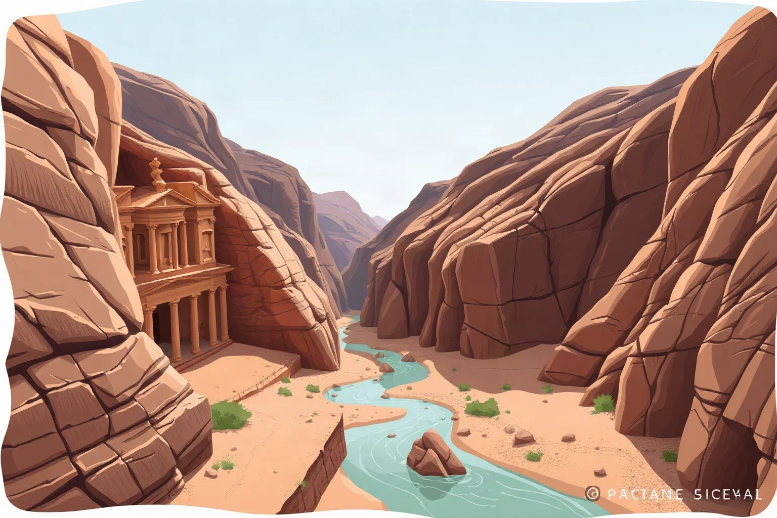 Illustration of Petra's rock-cut facades with a channel of water running through the canyon