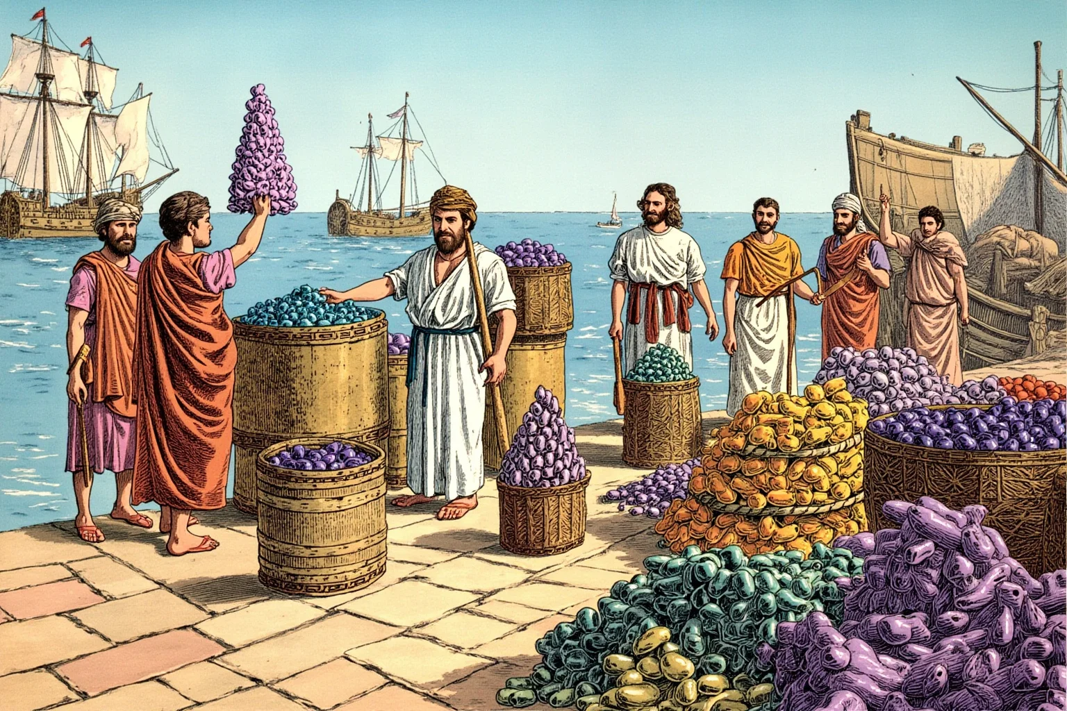 The Role of Markets and Bazaars in Ancient Economies 6 Illustration of Phoenician merchants unloading goods like purple dye and glass at a Mediterranean port