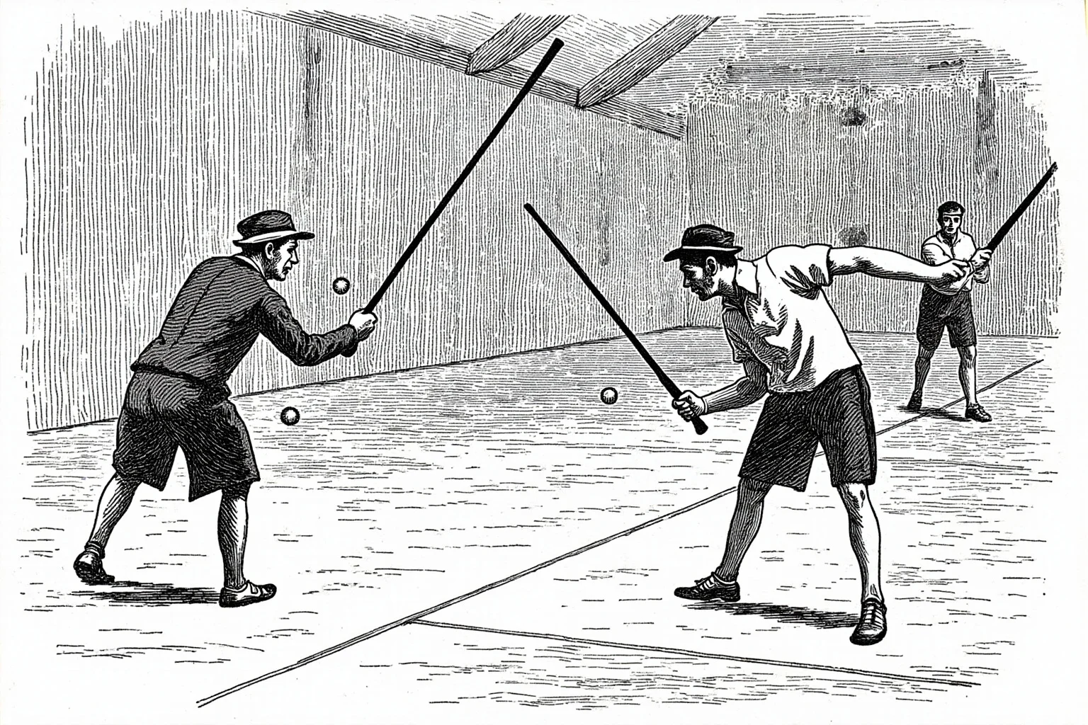 23 Olympic Sports That Don't Exist Anymore (And Why They Vanished) 14 Illustration of players swinging long-handled rackets in an old indoor racquet court