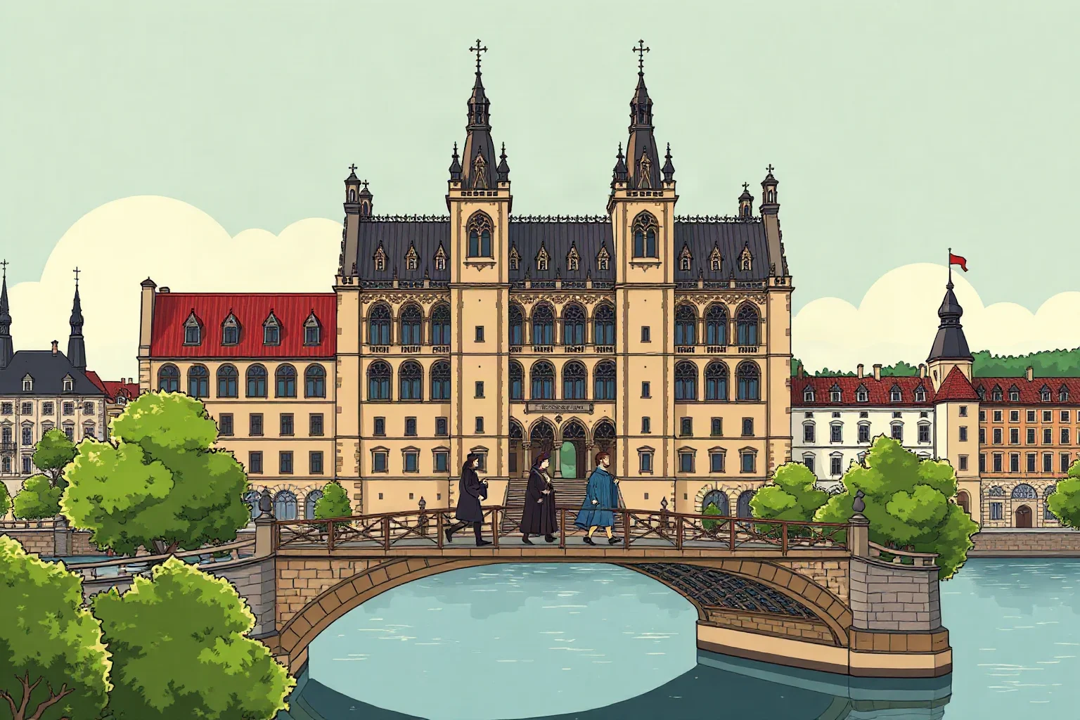 Illustration of Prague's Gothic Charles University building with a river backdrop and medieval scholars crossing a stone bridge