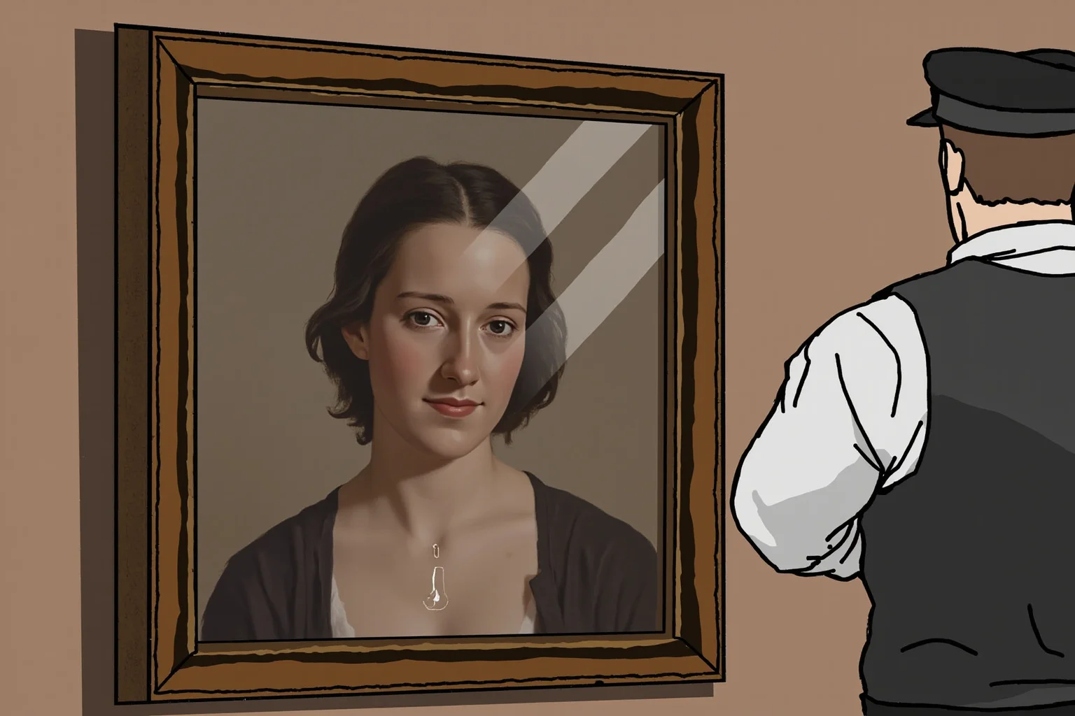 The Louvre Is No Stranger to Losing Millions: Inside the Museum's Biggest Heists 15 Illustration of protective glass with a small crack in front of a famous portrait painting, museum security guard nearby