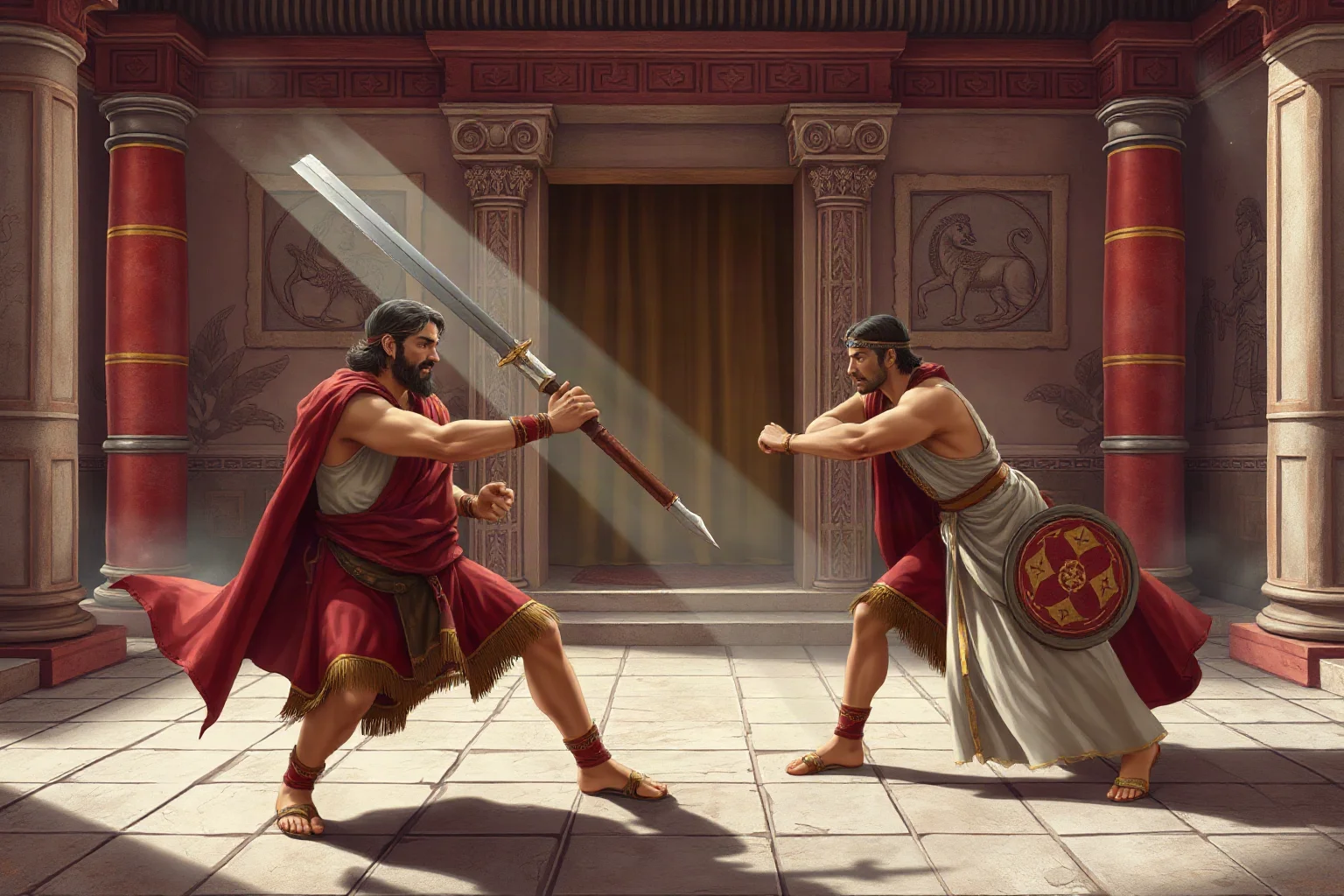 Illustration of quarreling ancient royal siblings in a Ptolemaic palace setting, historical dramatic style