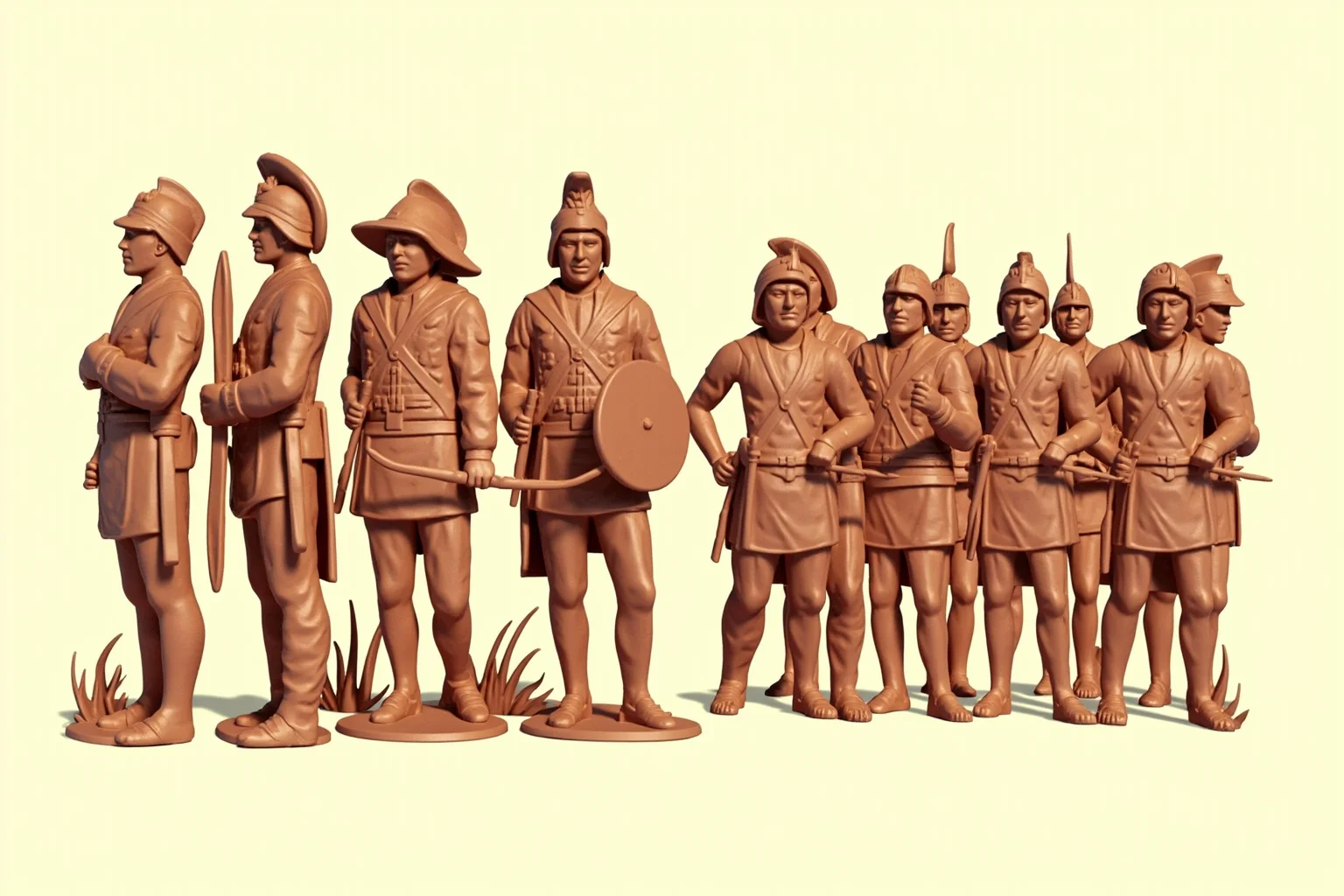 Illustration of ranked terracotta figures showing generals, archers, and infantry side by side
