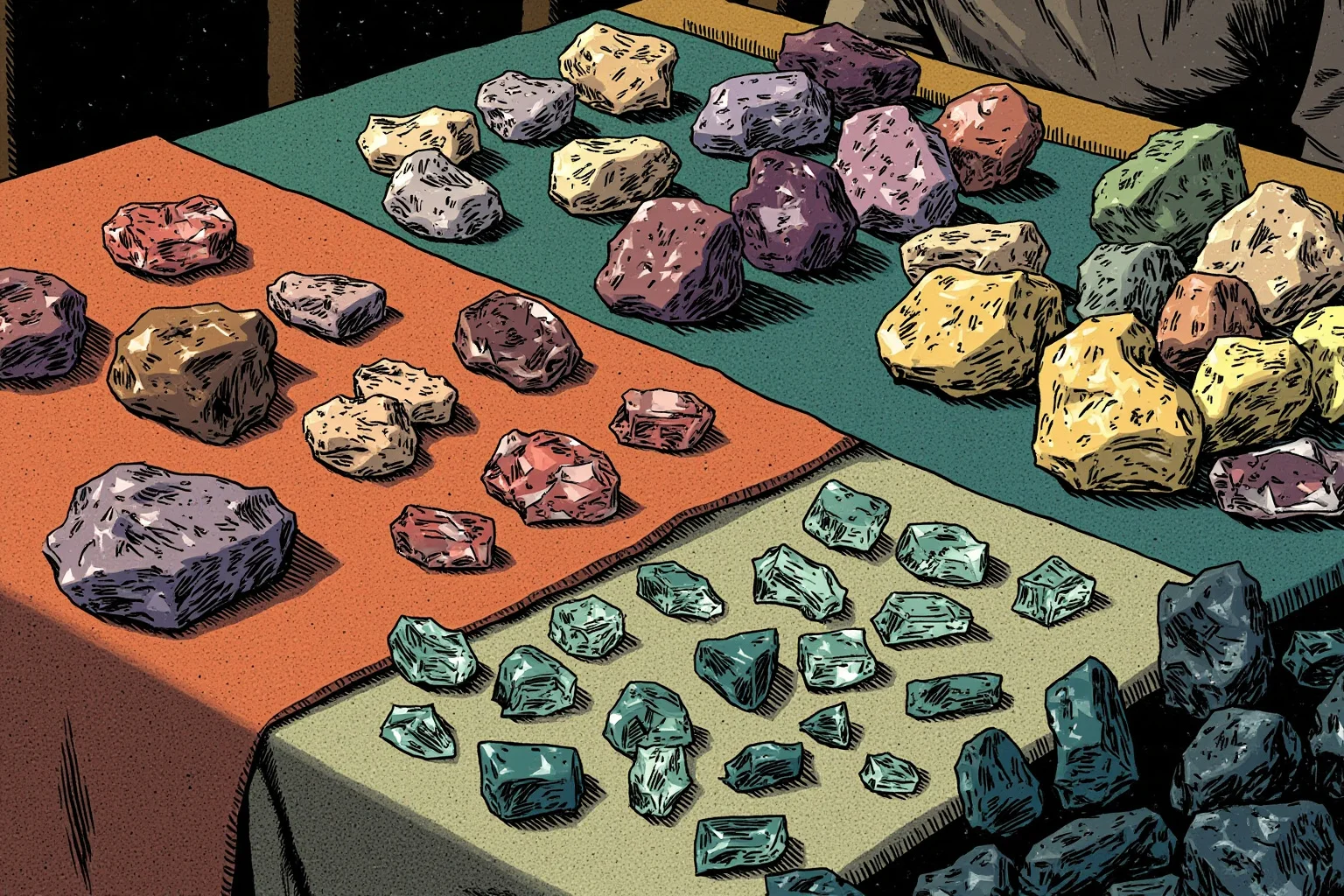 Illustration of raw uncut diamonds and gems displayed on cloth in an ancient mining marketplace