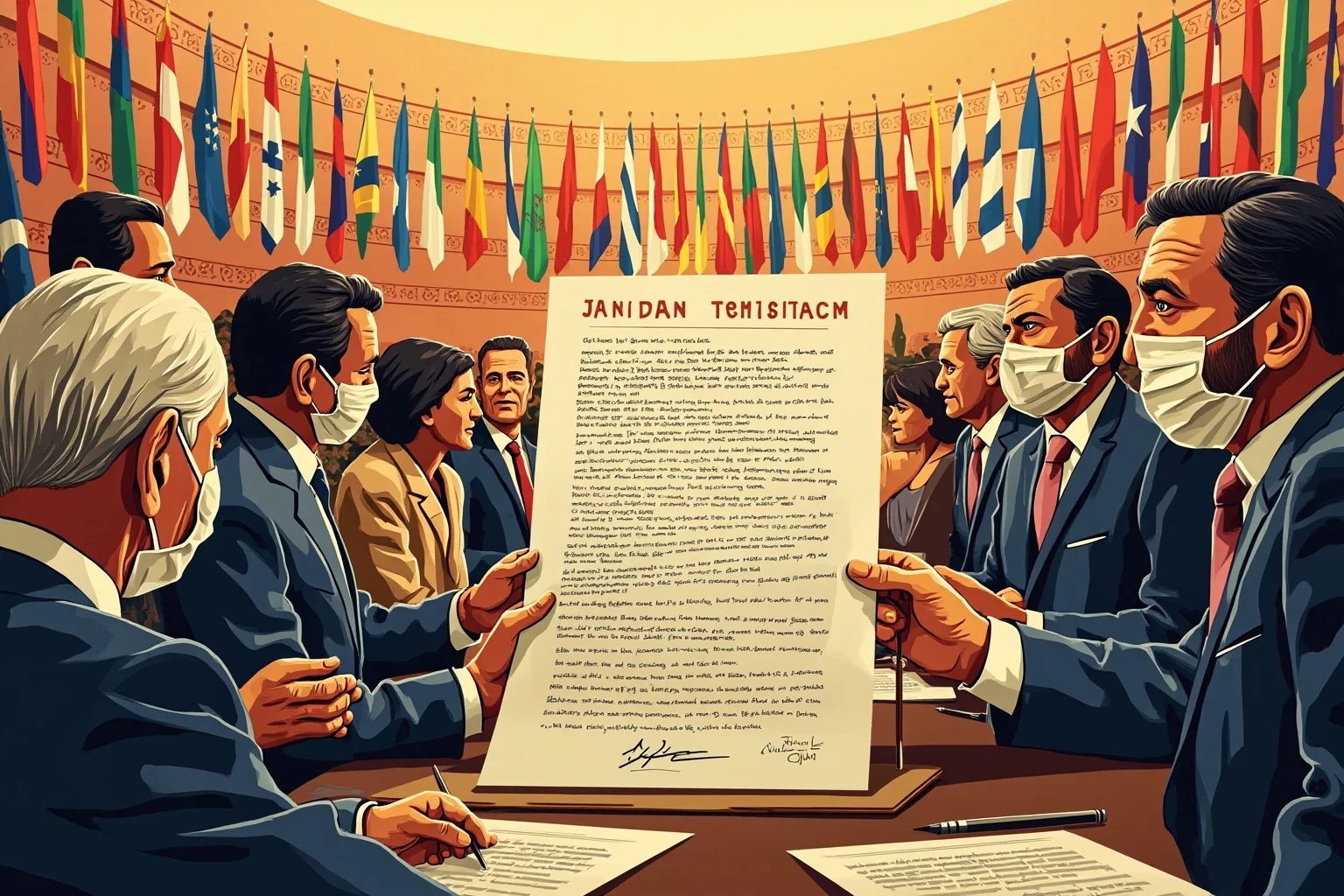 Illustration of representatives from many nations signing a large charter document in a grand assembly hall with flags
