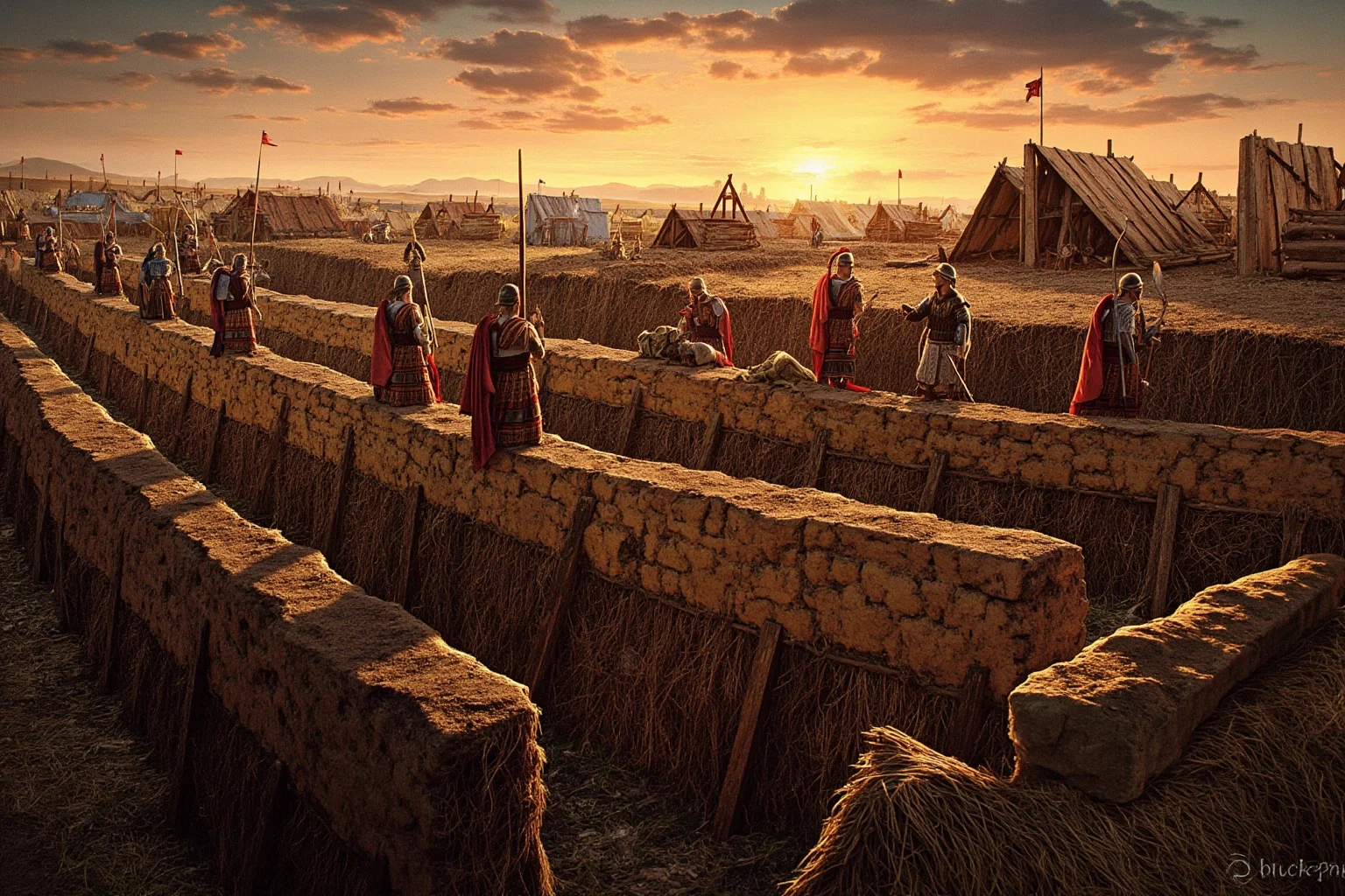 Illustration of Roman legionaries digging trenches and building a fortified camp at dusk