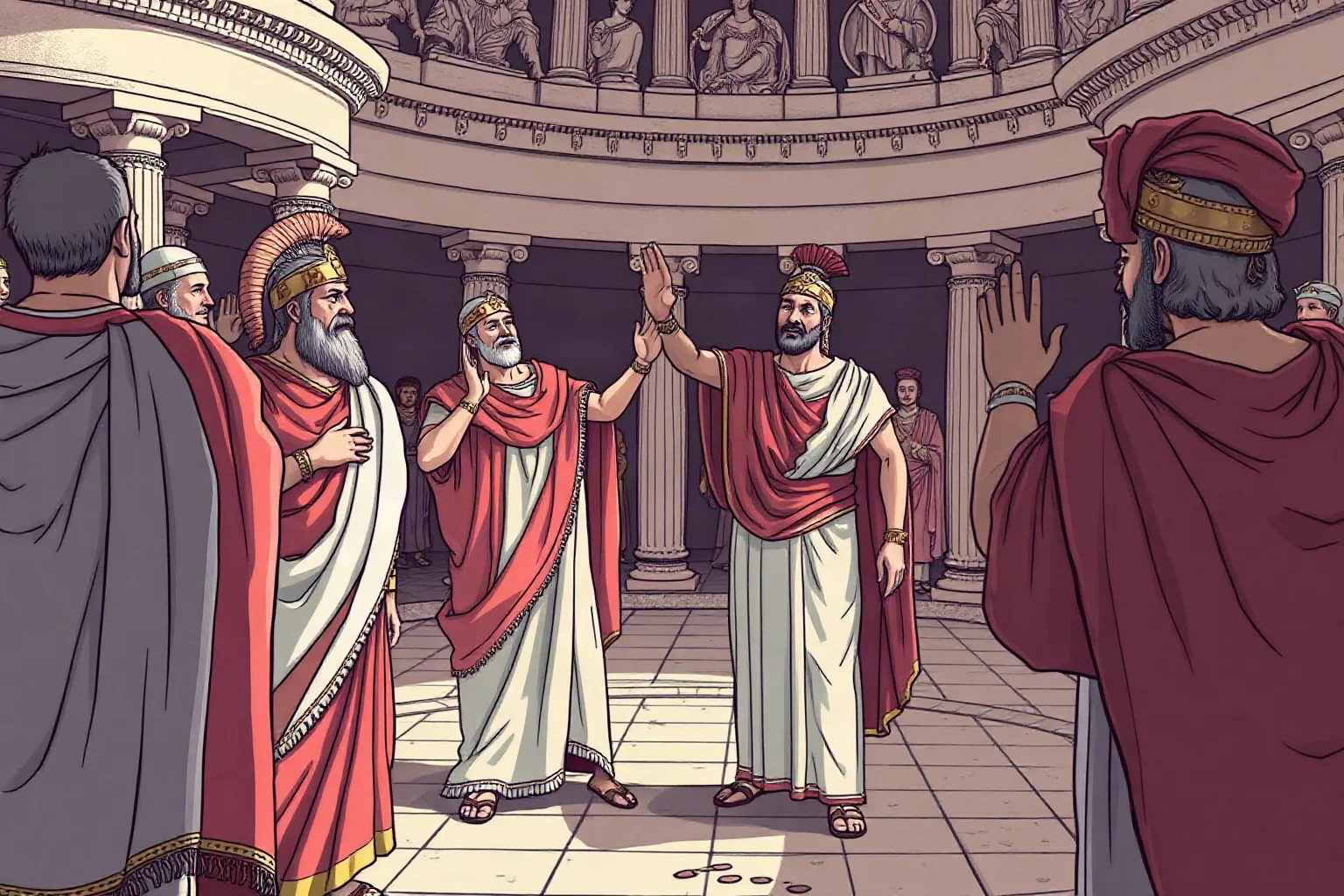 Illustration of Roman senators in togas swearing an oath in an early Republican forum setting