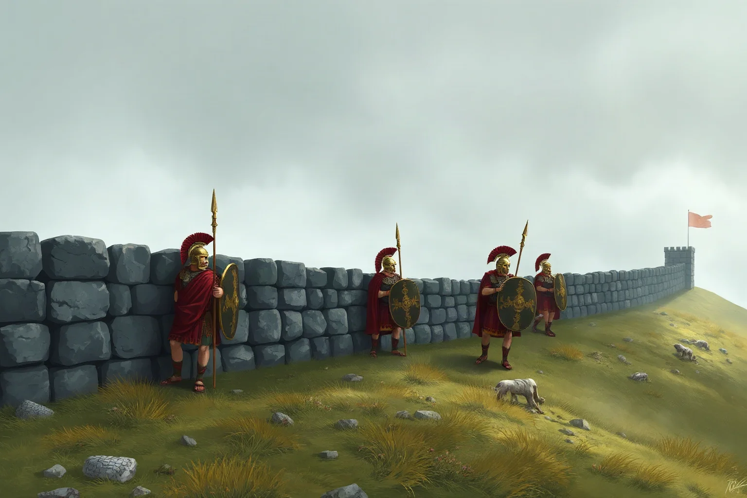 Illustration of Roman soldiers building a long stone wall across a misty northern landscape