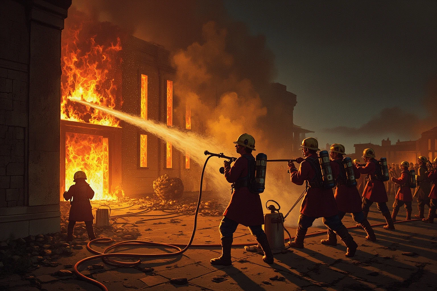 Illustration of Roman vigiles firefighters using a hand pump to douse a burning building at night