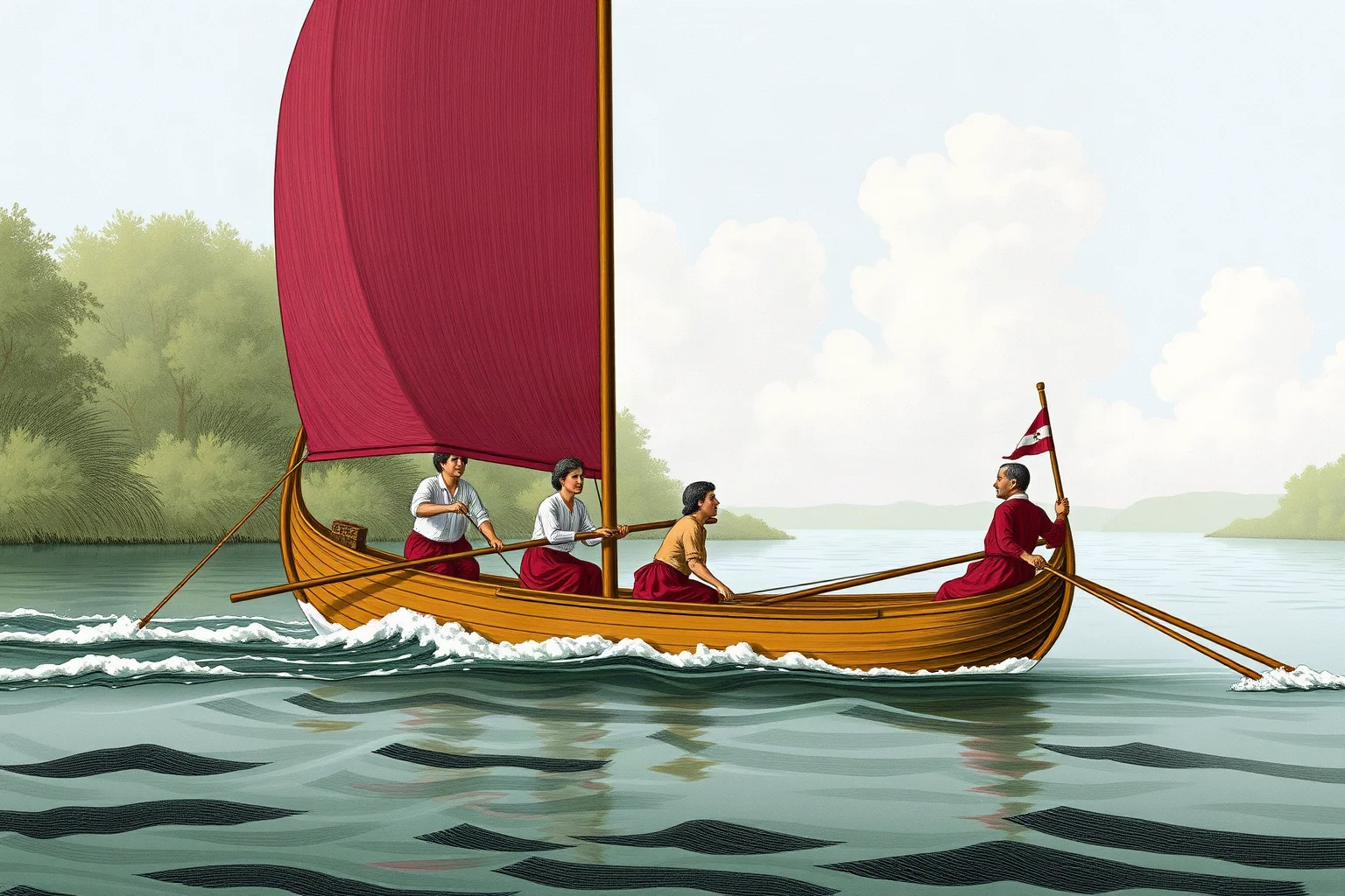 Illustration of rowers in a long wooden boat racing on a river, 18th-century style