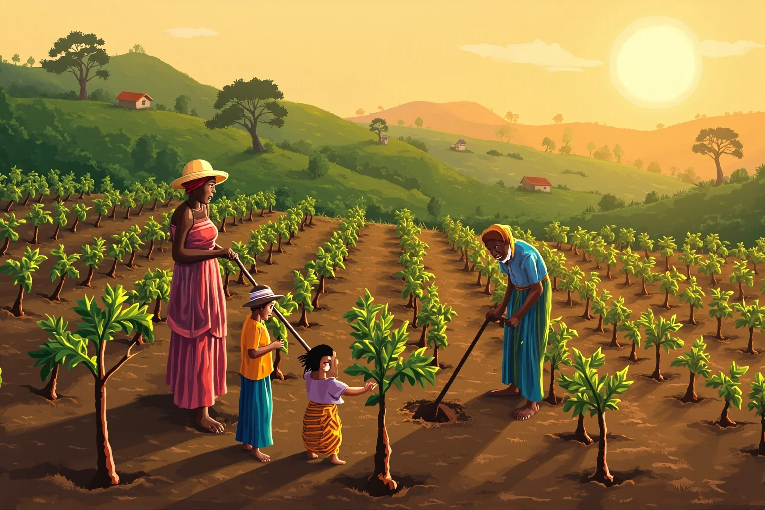 Unsung Heroes History Doesn't Talk About Enough 23 Illustration of rural African women and children planting rows of young trees together across a hillside landscape at sunrise