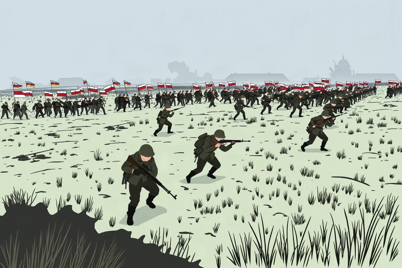 Illustration of Russian infantry advancing across an Eastern Front battlefield in 1916