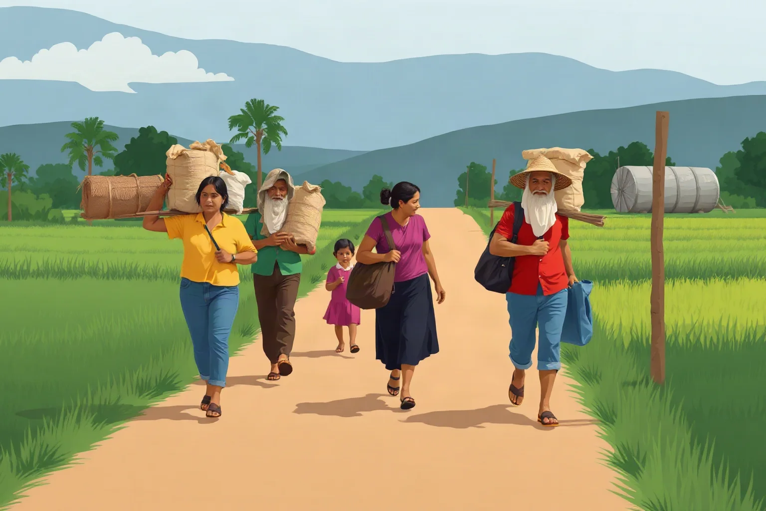 Illustration of Salvadoran farming families walking with belongings along a rural road, symbolizing migration