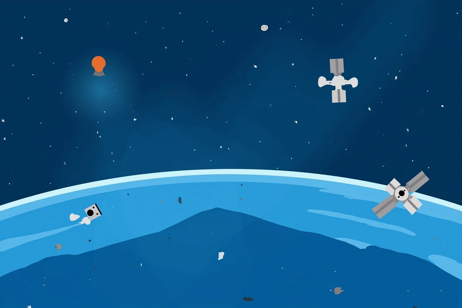 Facts About The Space Race: 25 Things Everyone Gets Wrong (or Right) 25 Illustration of scattered small debris fragments and satellites orbiting a blue Earth, stylized and clean