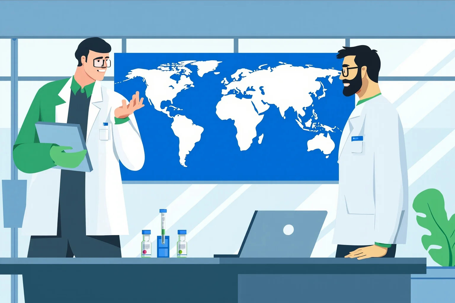 22 Historical Events That Will Restore Your Faith In Humanity 23 Illustration of scientists in a modern laboratory collaborating around vaccine vials with a world map displayed on a screen behind them