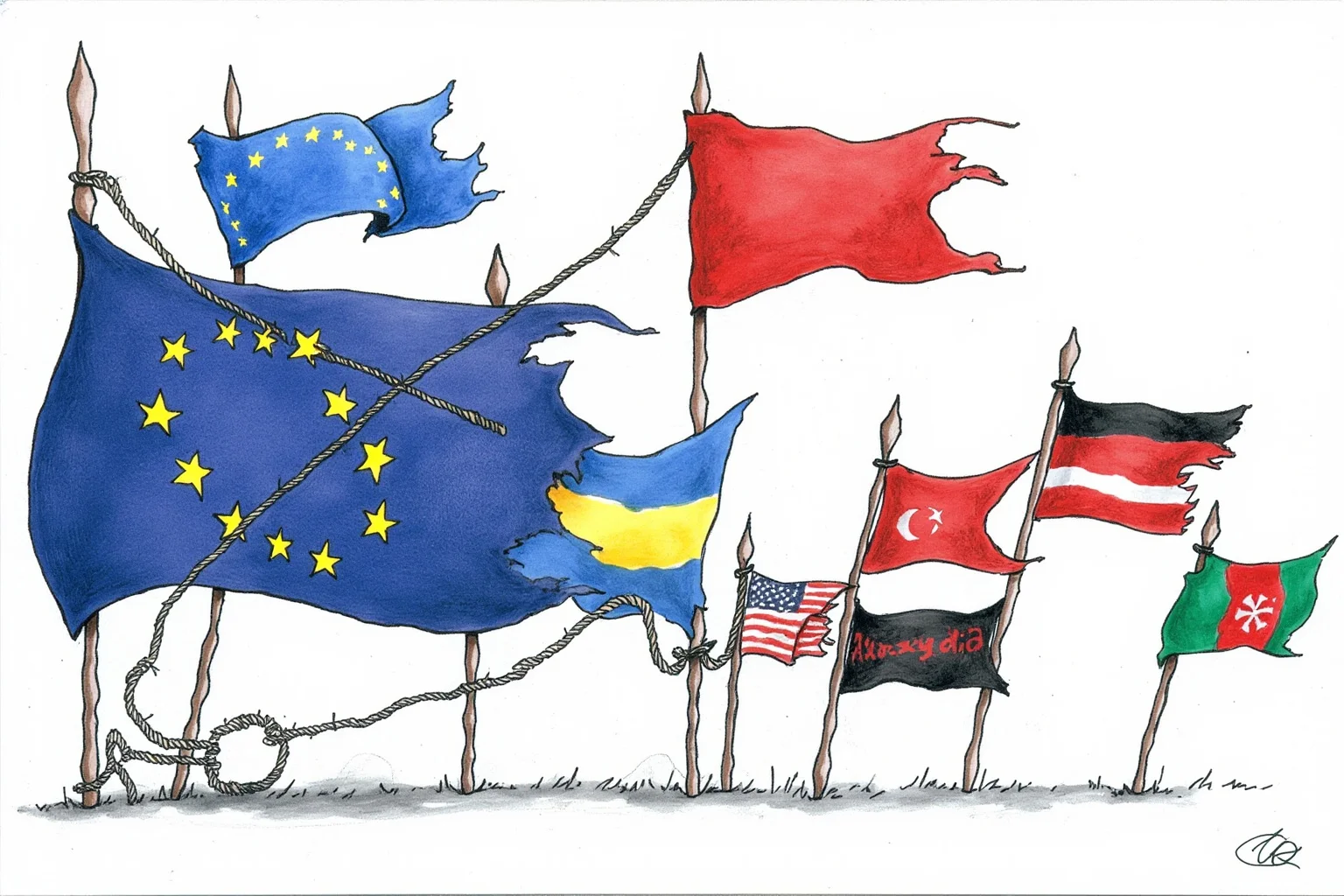 Illustration of several European flags loosely tied together with a fraying rope, symbolizing a weakening alliance