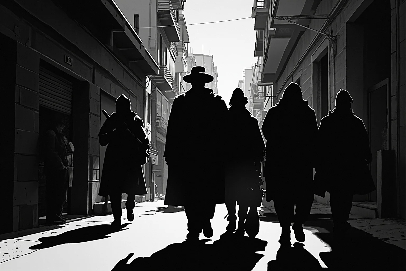 Illustration of shadowy figures in a 1950s Middle Eastern city street, evoking a covert political operation