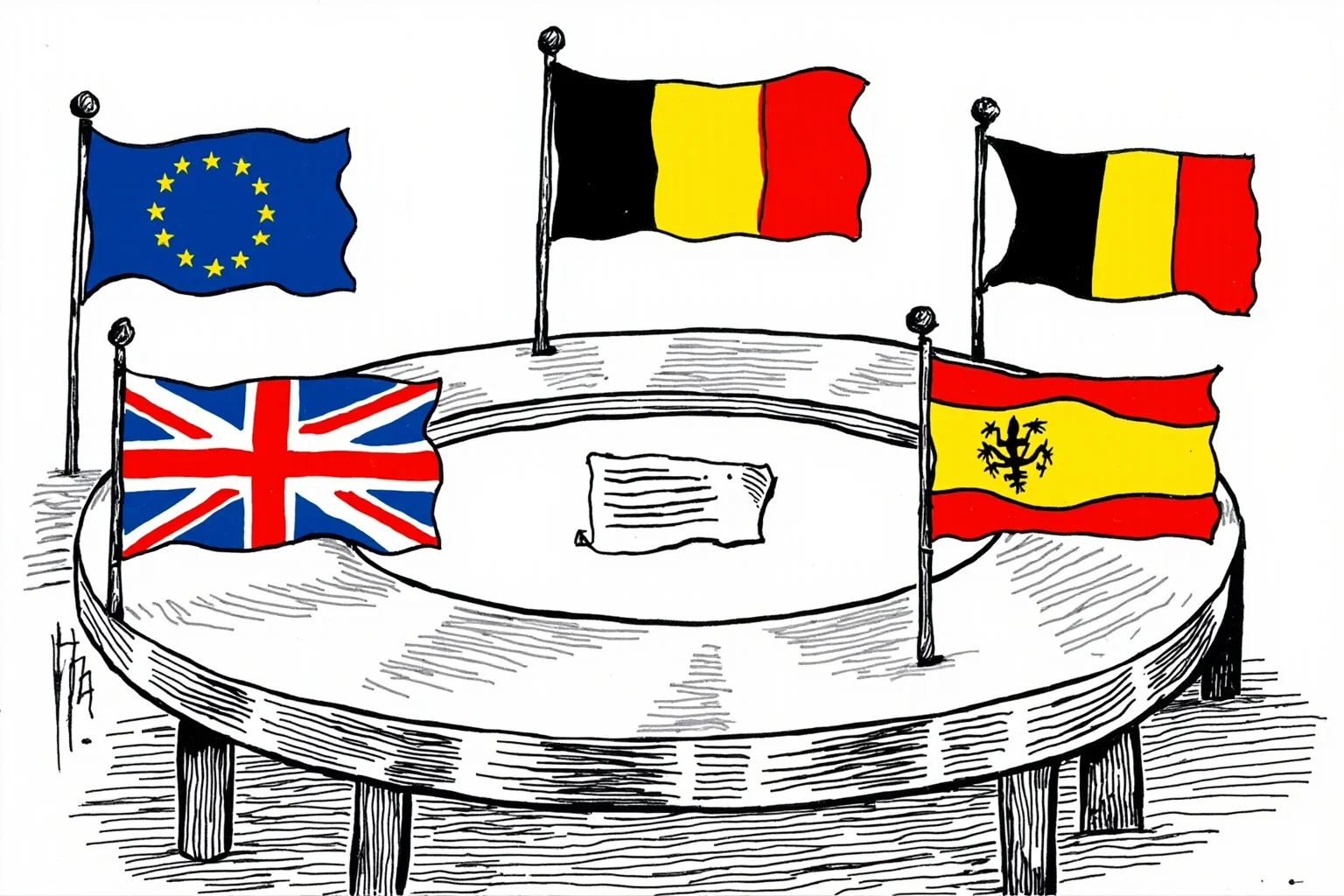 Illustration of six European flags around a round table with a treaty document, symbolizing early economic union