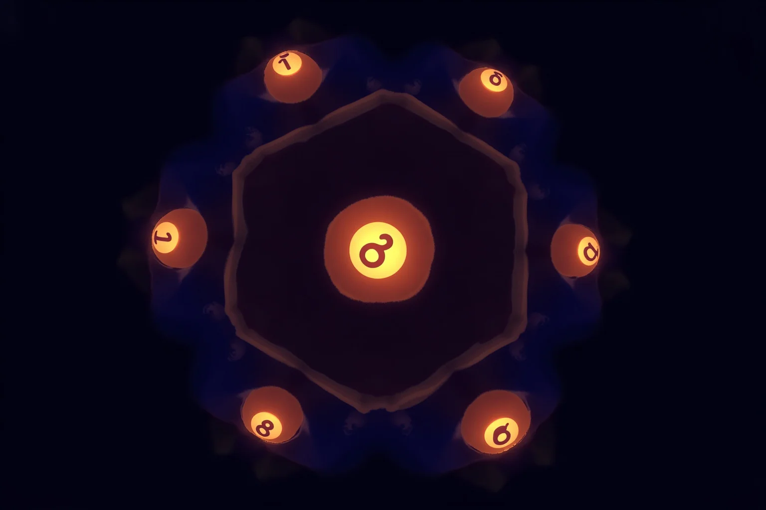 Illustration of six glowing lottery balls repeating twice in a swirling pattern against a dark background, modern minimalist style