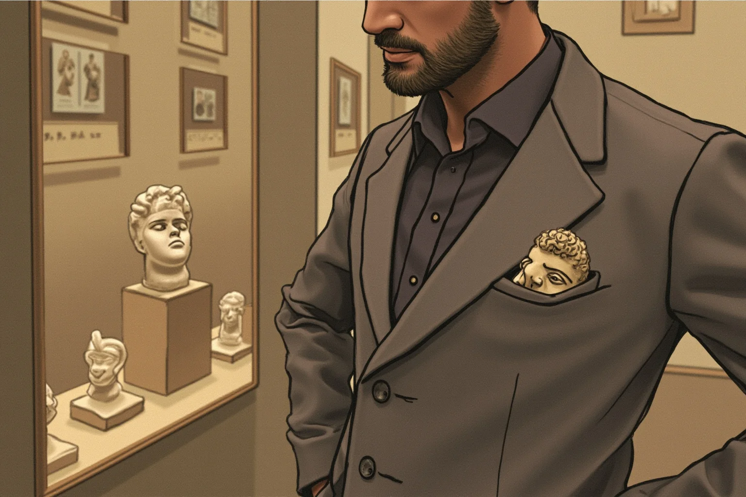 The Louvre Is No Stranger to Losing Millions: Inside the Museum's Biggest Heists 5 Illustration of small ancient stone bust sculptures being slipped into a coat pocket inside a museum gallery