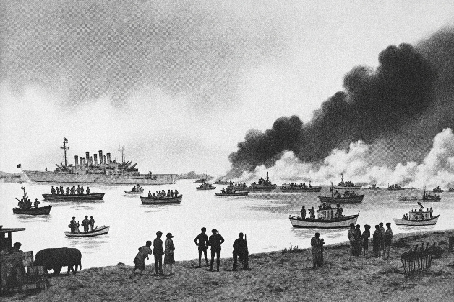 Illustration of small civilian boats and naval ships evacuating soldiers from a smoke-filled beach in 1940