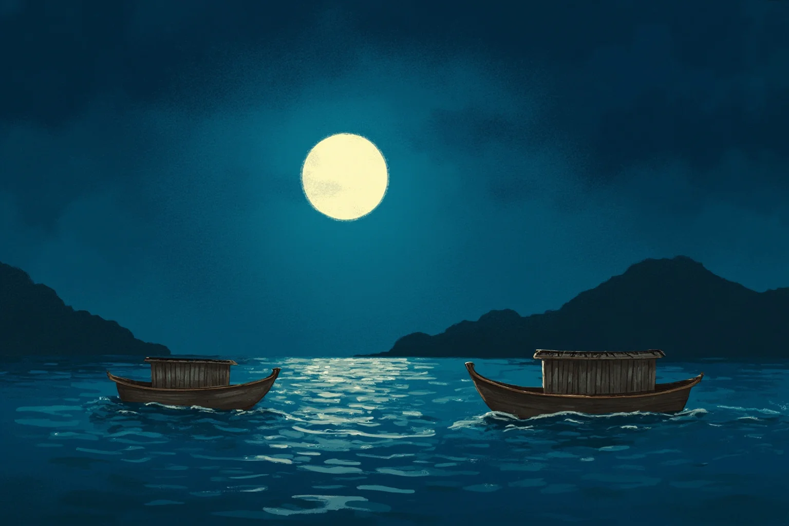 22 Historical Events That Will Restore Your Faith In Humanity 7 Illustration of small wooden fishing boats crossing a moonlit strait at night, symbolizing a quiet rescue crossing to safety