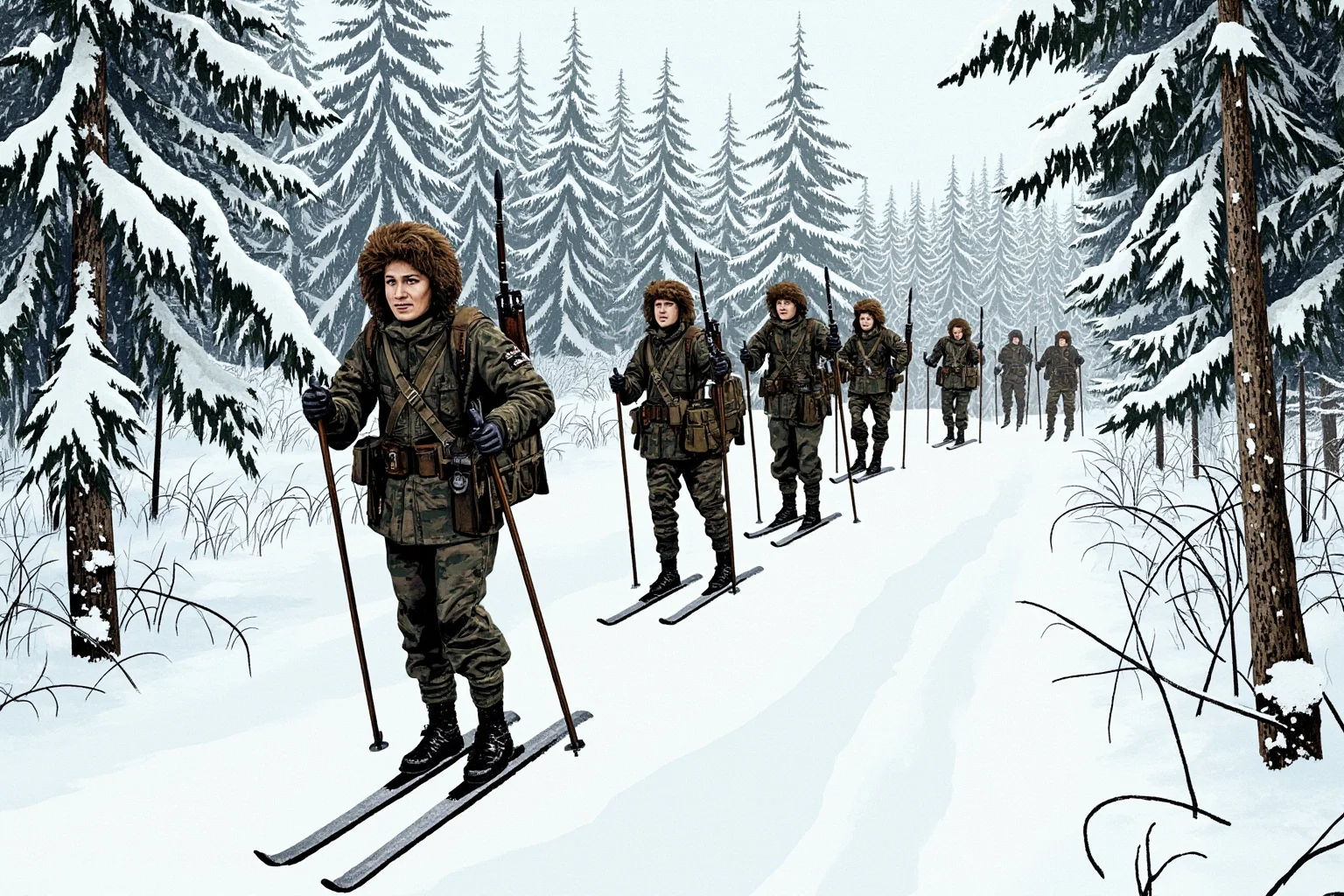 Illustration of snow-covered Finnish soldiers on skis in a winter forest battlefield