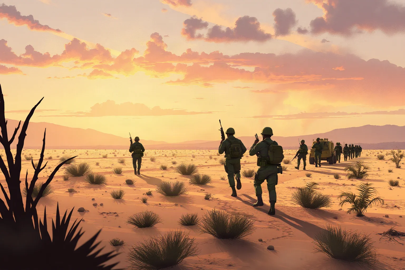 Illustration of soldiers advancing across a dry Central American border landscape
