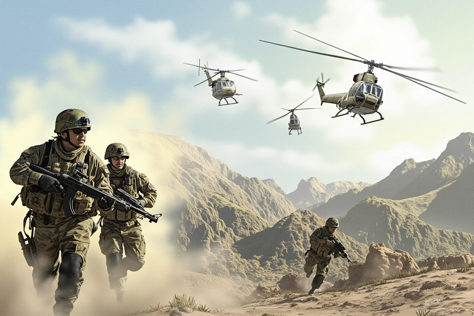 Illustration of soldiers and helicopters moving through mountainous Afghan terrain in the early 2000s