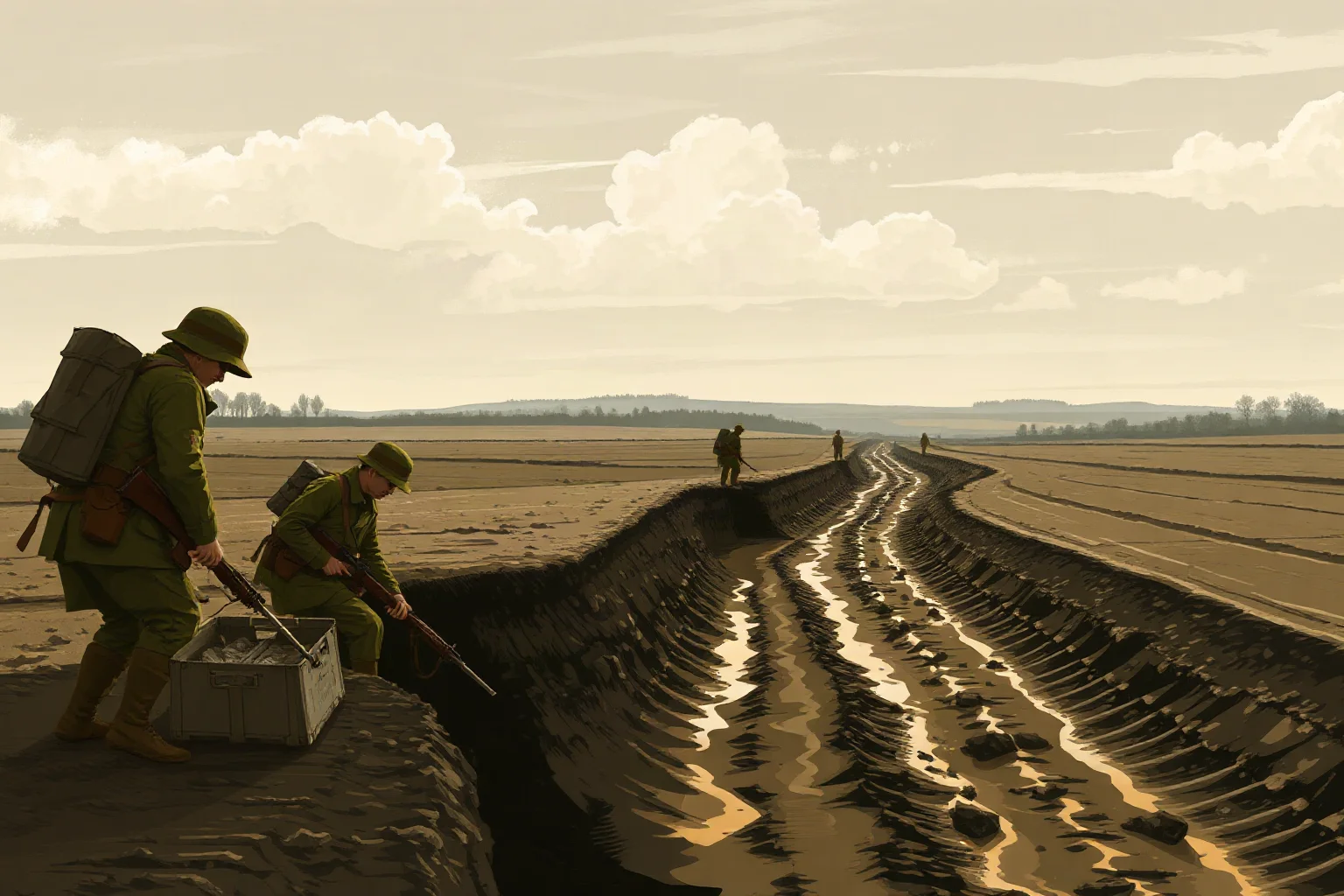 Illustration of soldiers digging trench lines along a muddy Belgian field near Ypres in 1914