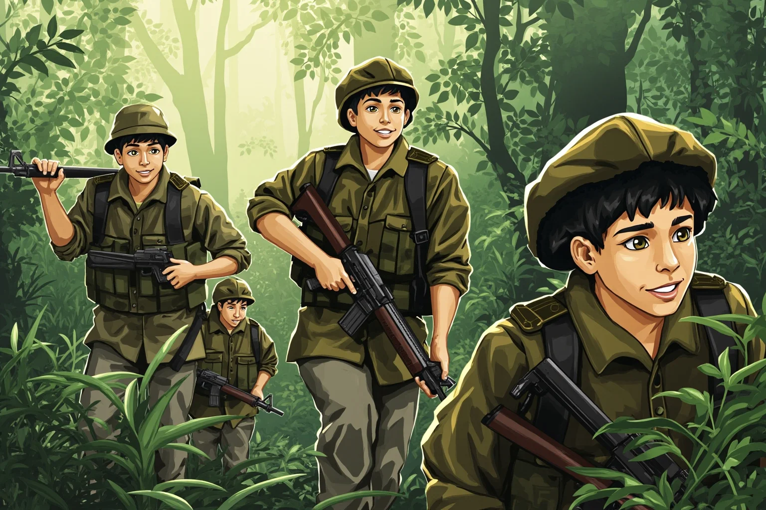 Illustration of soldiers in a jungle clearing, clearly youthful in appearance