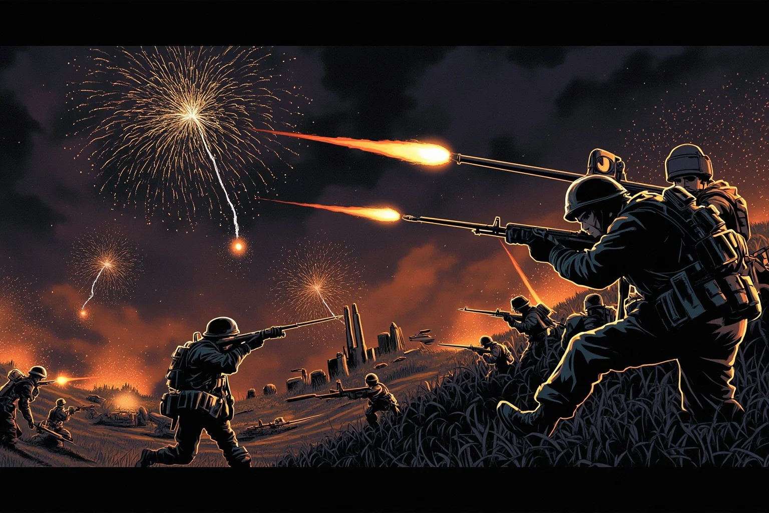 Illustration of soldiers in combat during a nighttime surprise attack with fireworks-like flares in the sky