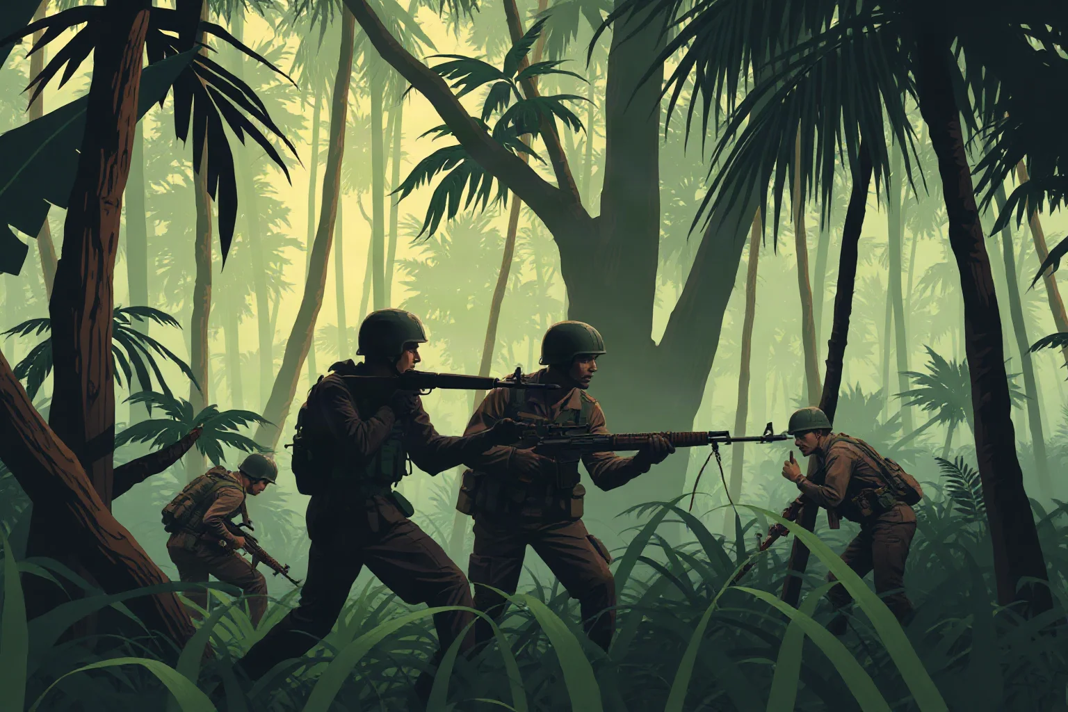 Illustration of soldiers in dense jungle terrain evoking the Vietnam War era