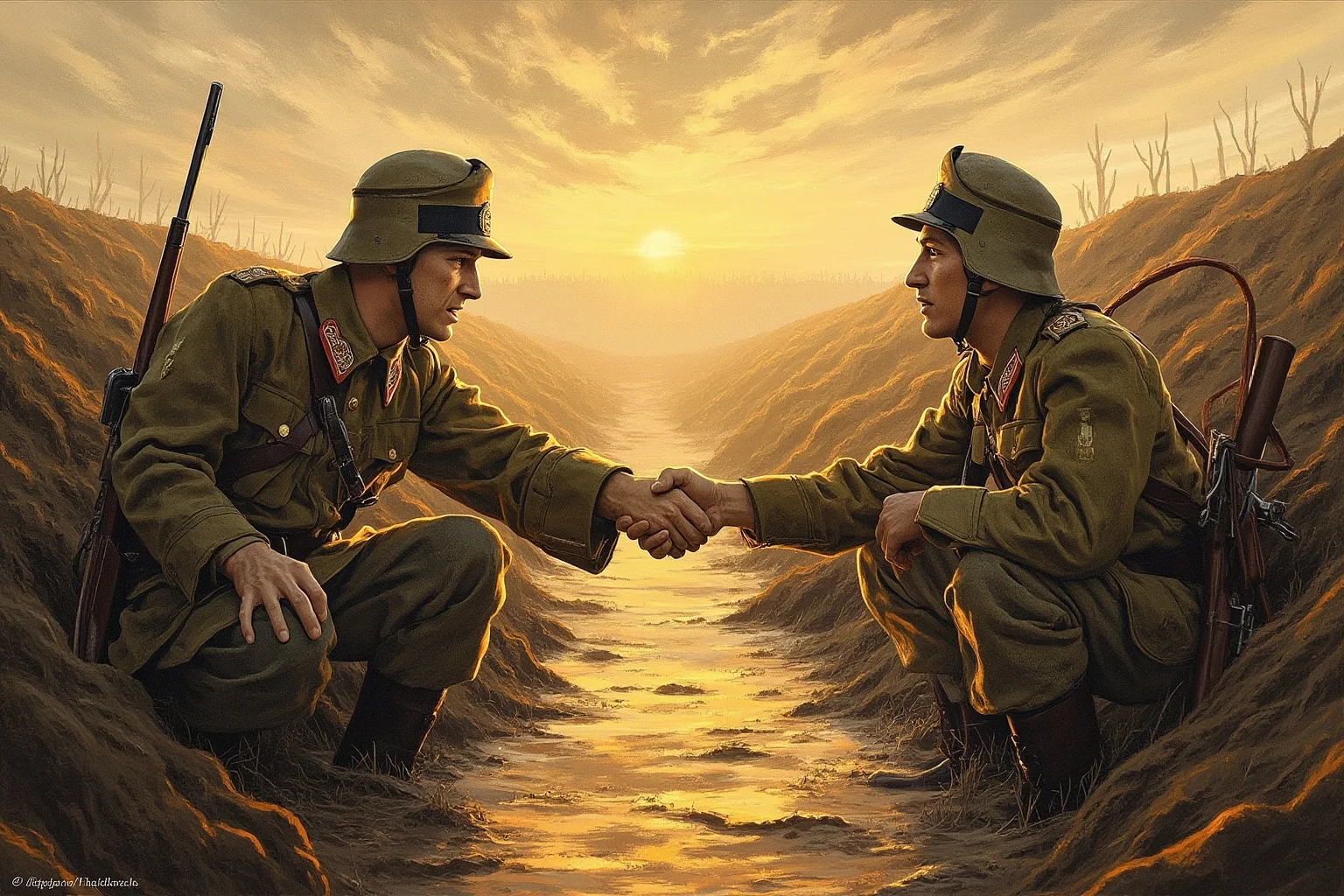 25 Most Memorable Dates in History (And Why They Still Matter) 13 Illustration of soldiers in World War I trenches shaking hands across a muddy no-man's-land at dawn