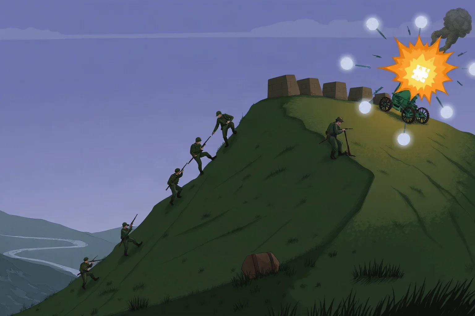 Illustration of soldiers scaling a fortified ridge under artillery bombardment during a WWI offensive