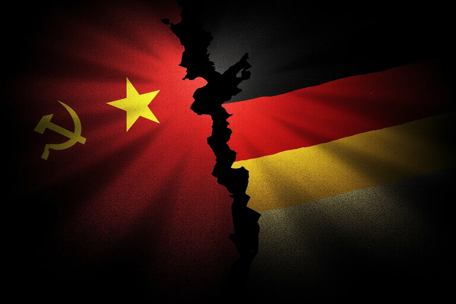 Illustration of Soviet and German flags on either side of a secretly divided map of Eastern Europe, dramatic lighting