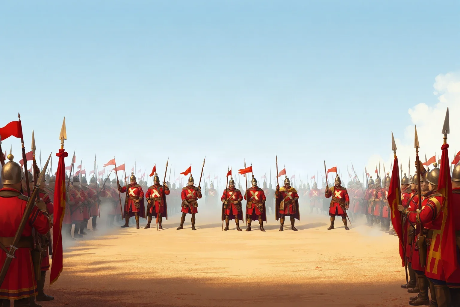 Illustration of Spanish tercio pikemen and musketeers standing in a compact battle square