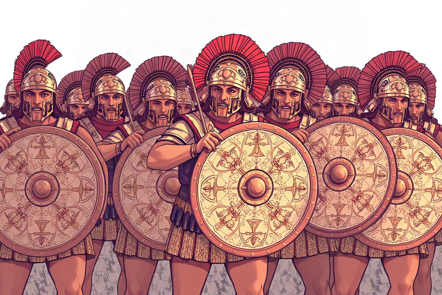 Illustration of Spartan hoplites with round shields and plumed helmets in a defensive line