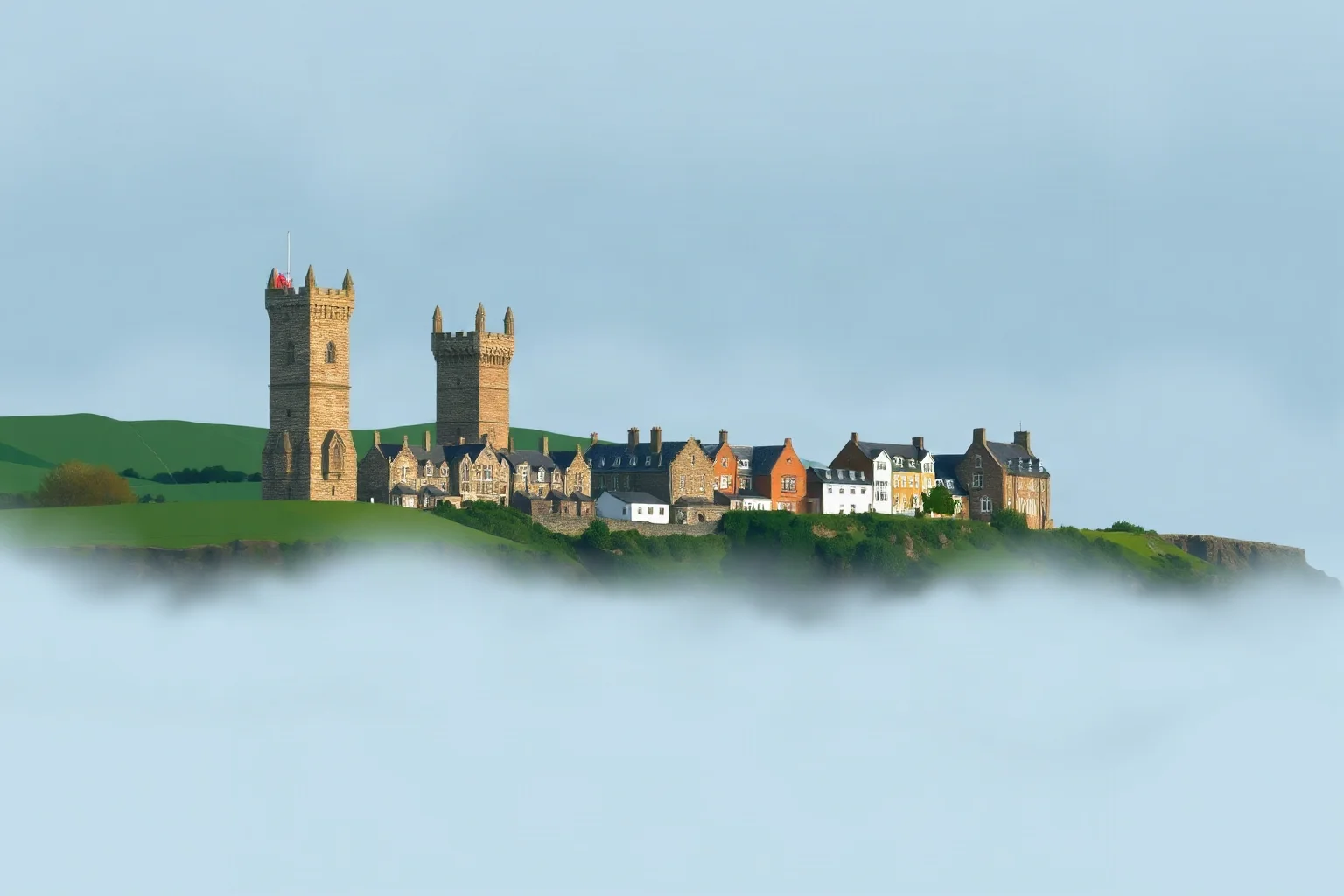 Illustration of St Andrews' coastal Scottish university buildings with stone towers overlooking the sea, misty atmosphere
