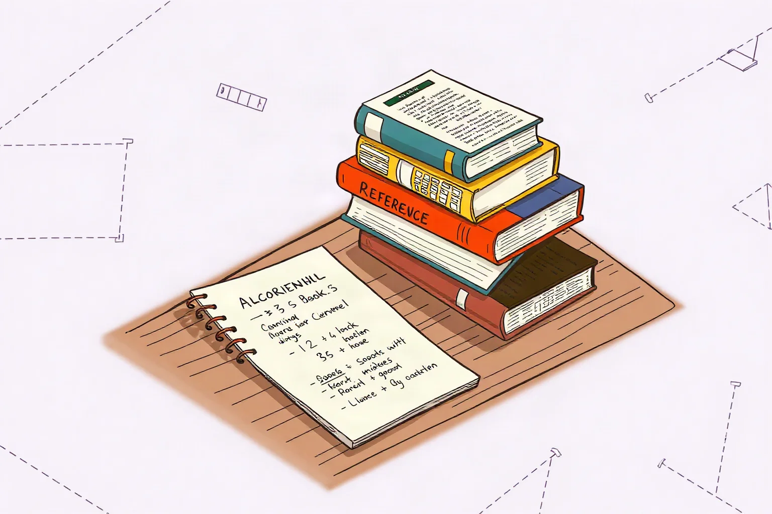 Illustration of stacked reference books and handwritten algorithm notes on a wooden desk
