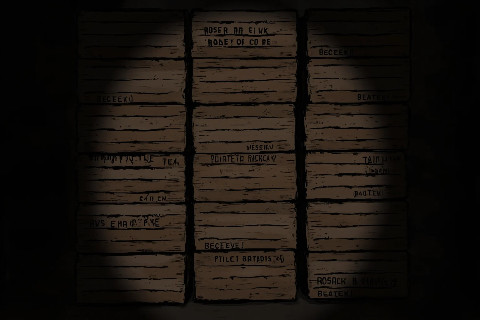 Illustration of stacked wooden crates labeled with vintage lettering in a dim cellar, suggesting hidden liquor storage