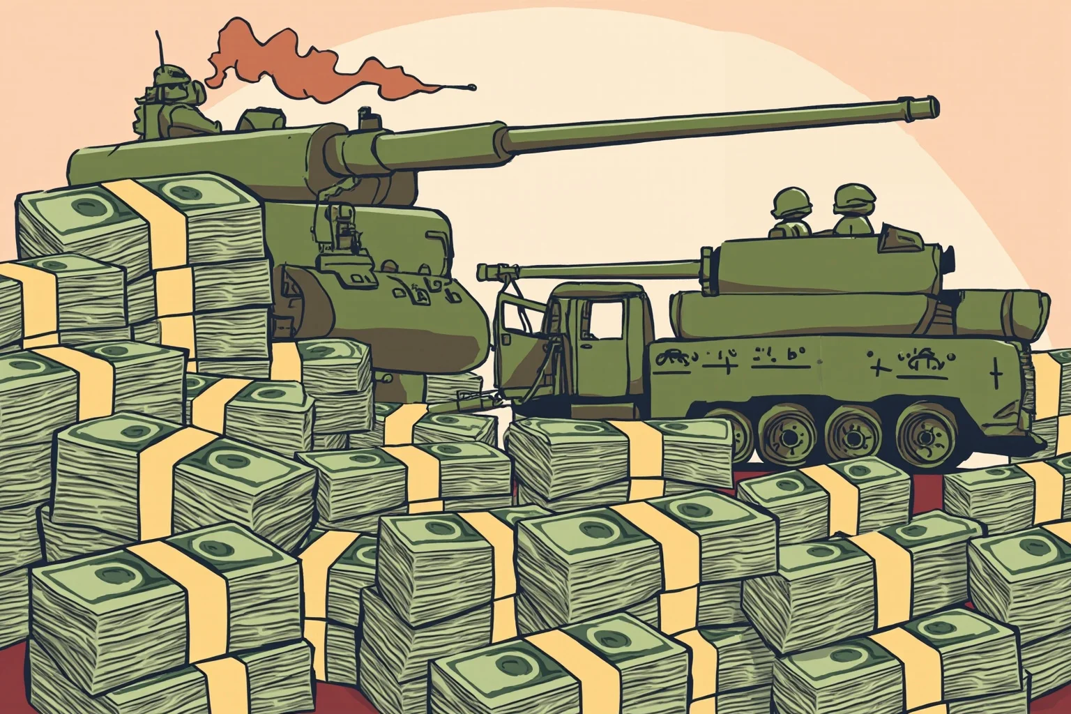 Illustration of stacks of currency and military equipment symbolizing wartime cost