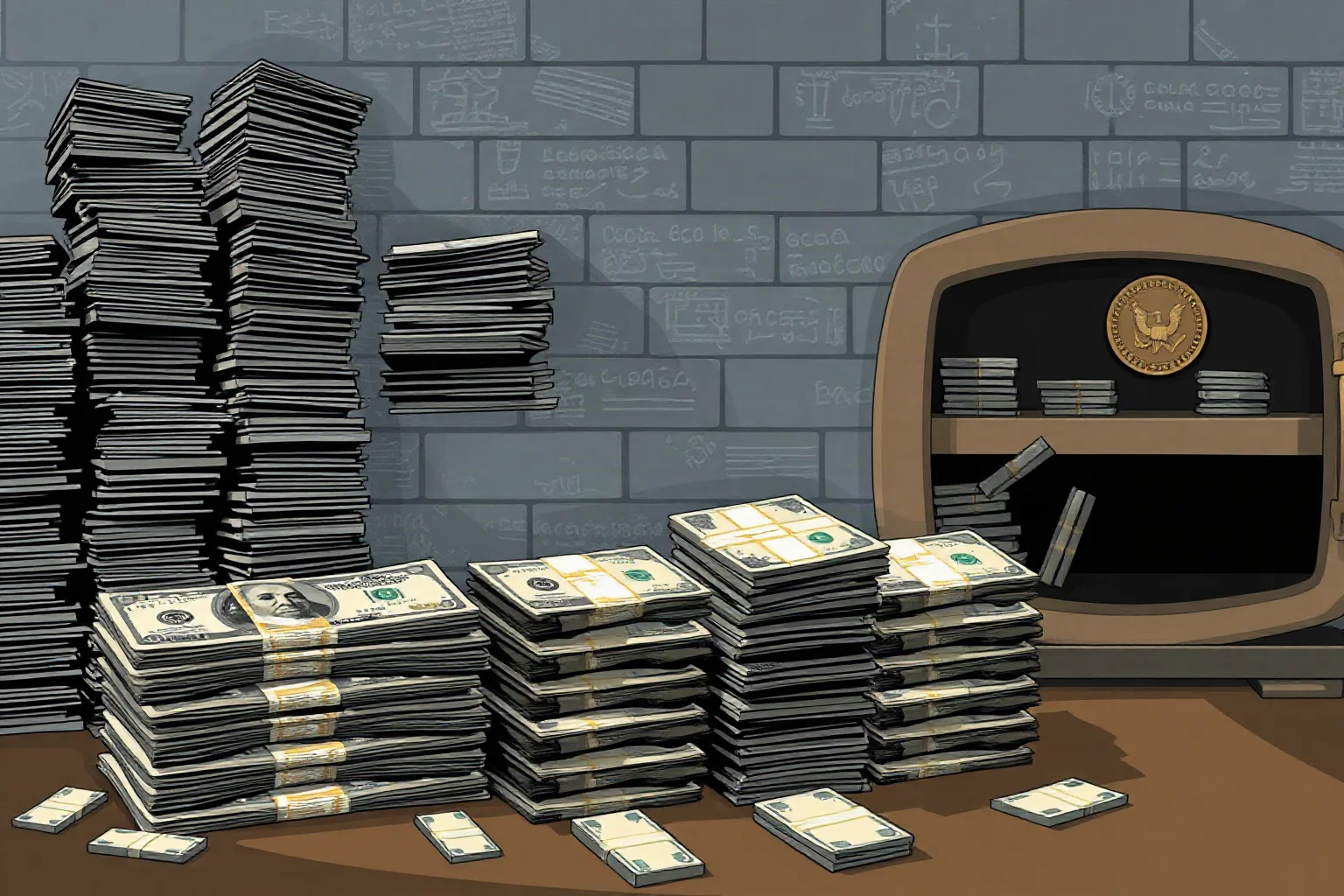 Illustration of stacks of old currency and empty treasury vaults symbolizing wartime economic collapse