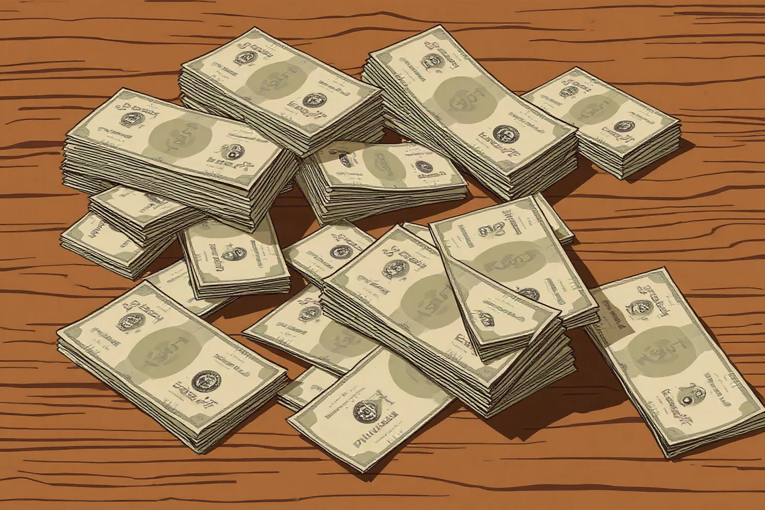 Illustration of stacks of worn, devalued Confederate paper currency scattered across a wooden table