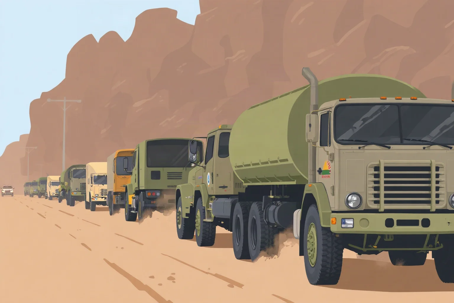 Illustration of stalled military trucks out of fuel on a dusty road