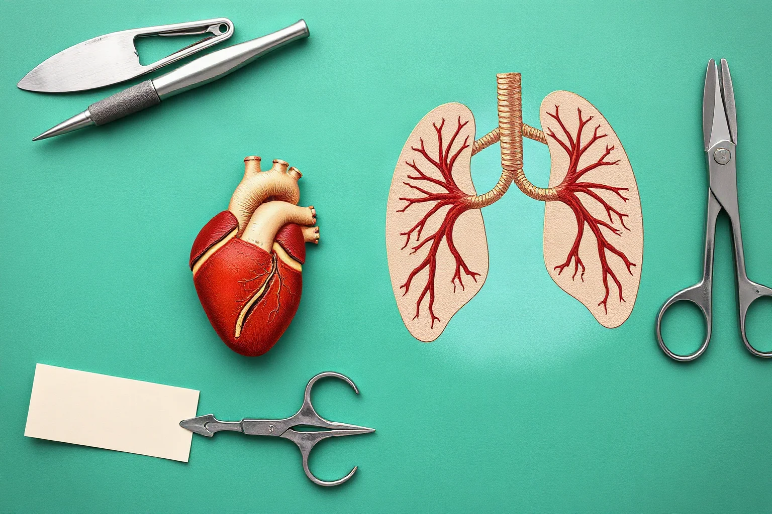 Illustration of stylized human heart and lungs with surgical tools nearby, vintage medical textbook style