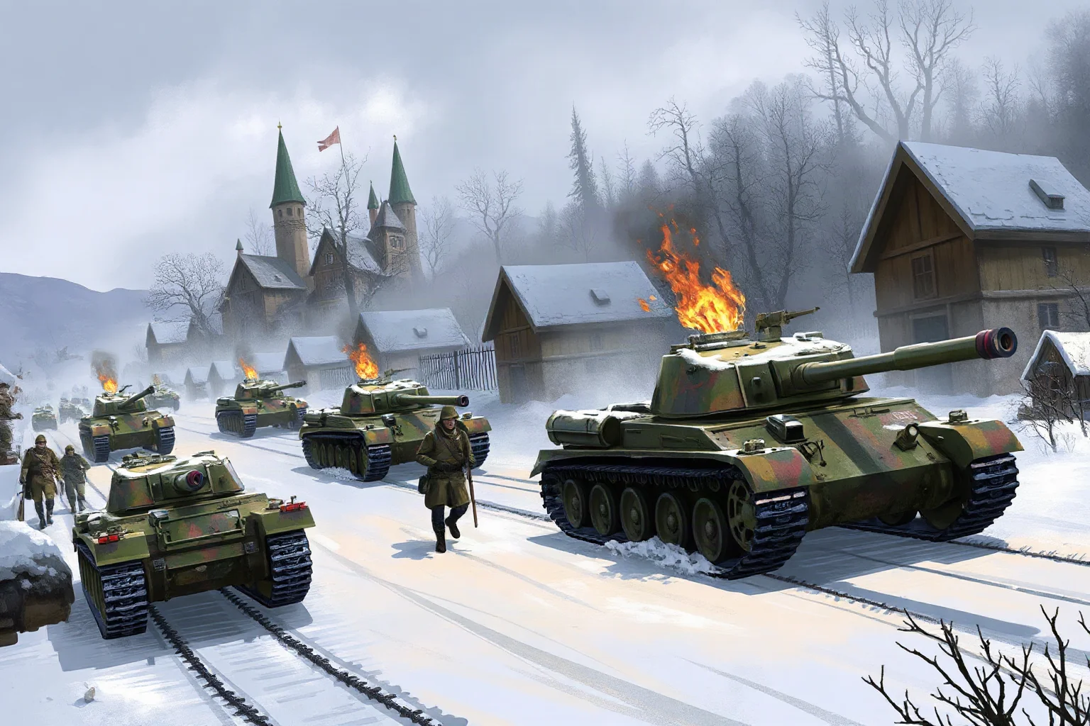 Illustration of tanks and soldiers marching through snowy winter terrain toward a besieged town